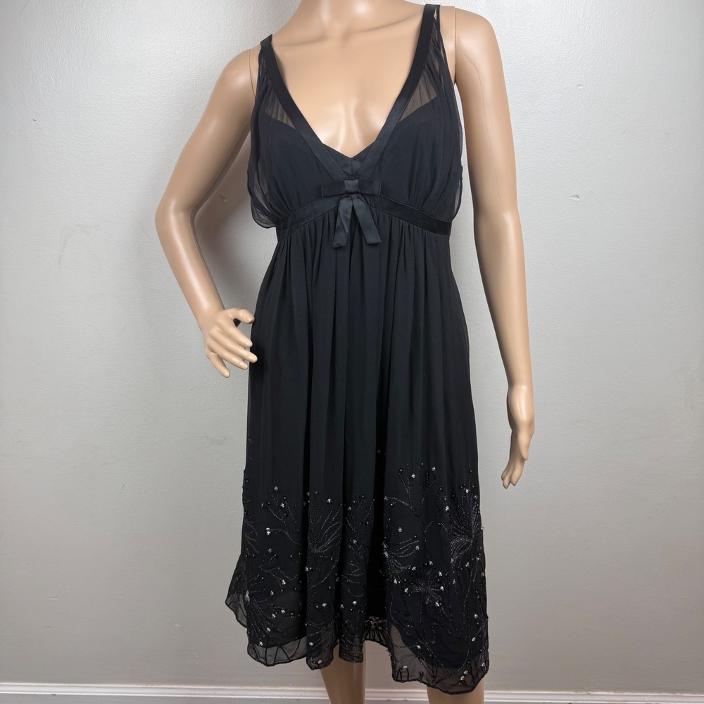 Vintage Whimsygoth Babydoll Black Silk Beaded Dress Karen Millen England Size‎ 6